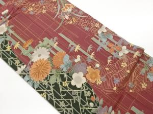 金彩竹に流水・花々模様開き名古屋帯（額縁仕立て）